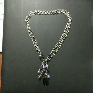 Silver Tone Front Toggle Blue and Purple Beaded Dangle Statement Necklace